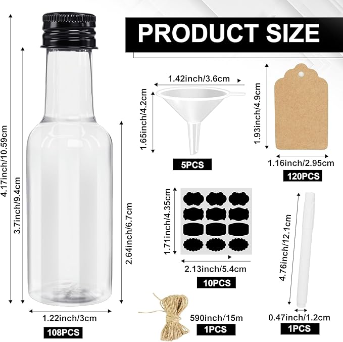 UCEHIPAW 108 Pcs 1.7 oz Mini Liquor Bottles with Cap Plastic Small Salad Dressing Bottle Mini Shooter Alcohol Holders for Christmas Hot Sauce Wine (Black)