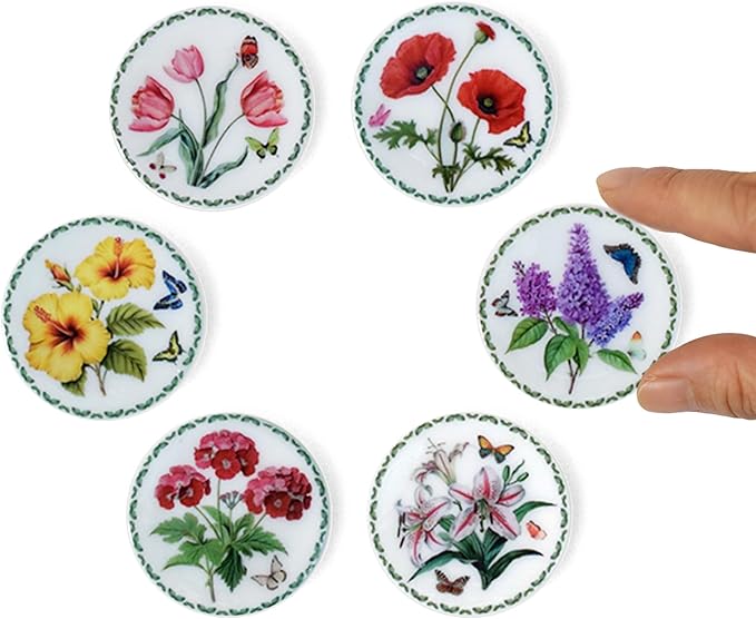 6PCS Handcrafted Miniature Ceramic Plates in 1:12 or 1:6 Scale, Vintage Porcelain Playhouse Dishes (Garden-A, 4CM)