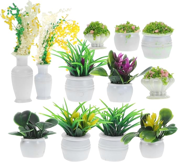 STOBOK 13Pcs Miniature Dollhouse Plant Flowers: Miniature Bonsai Plants Mini Artificial Potted Flower Fake Tiny Greenery Ornament Crafts for Doll House Furniture Home Decor, Random Color