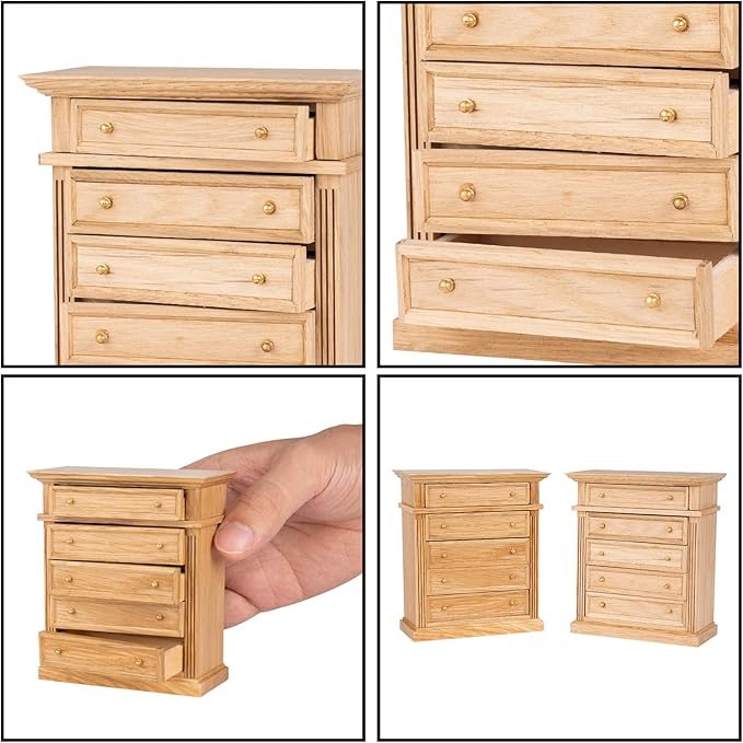 Waldosia 1:12 Scale Dollhouse Miniature Oak Dresser – 5-Drawer Wooden Chest for Bedroom, Roombox, Booknooks and Dioramas Furniture