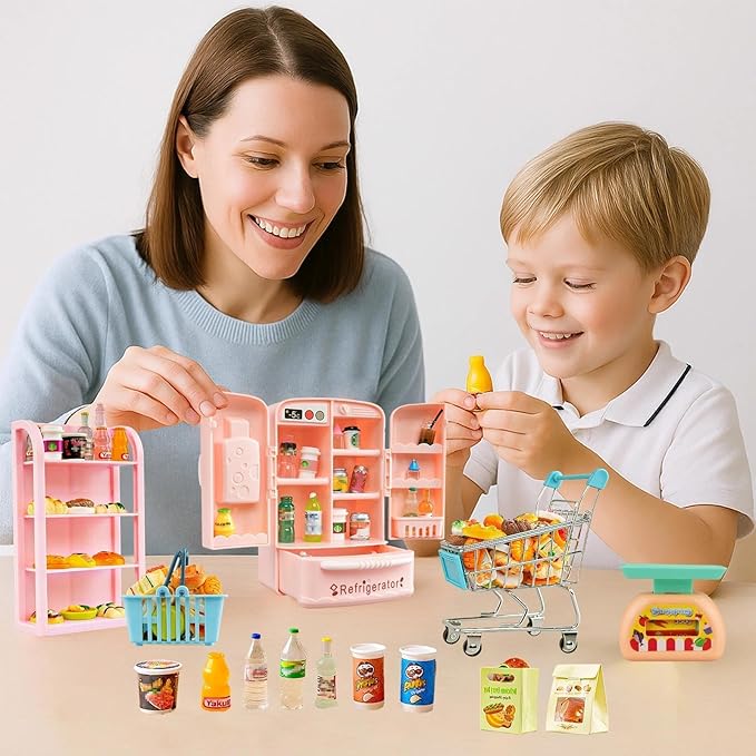 180 Pcs Dollhouse Furniture Miniature Kitchen Accessories Mini Shopping Cart Metal Trolley Basket Food Drink Toy Supermarket Store Grocery Shelves Cash Register Fridge Scale Pretend Play Game Party