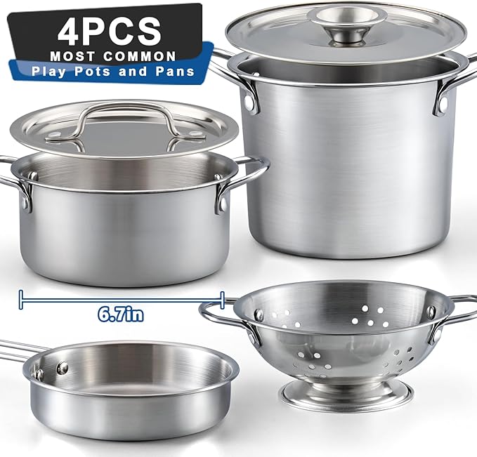 12Pcs Kids Pretend Play Kitchen Accessories Toy Stainless Steel Metal Pots and Pans Playset with Rack Mud Kitchen Accessories Toy Pots and Pans for Kids Toddler Age 3 Years Old