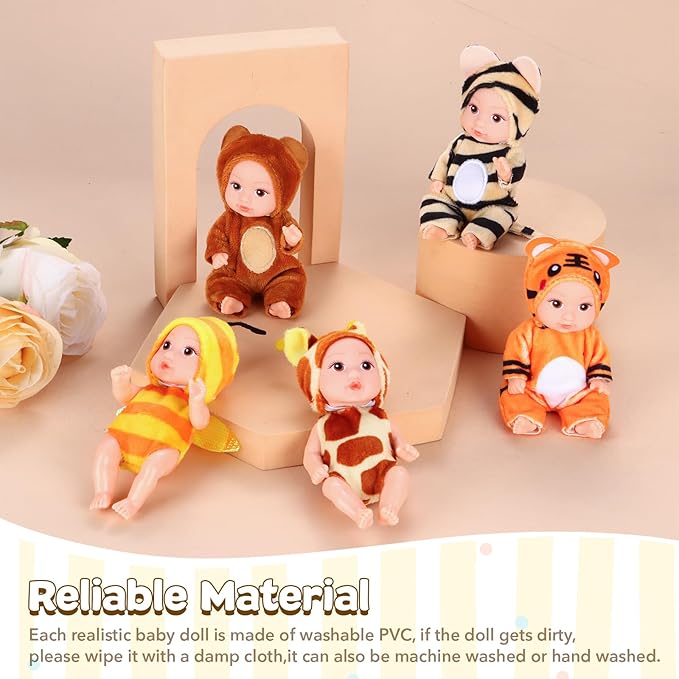 10 Pcs 4 Inch Mini Baby Dolls Playset Lifelike Realistic Baby Dolls with Handmade Animal Clothes Cute Small Baby Doll Gifts Set for Toddlers Girls Kids 3+