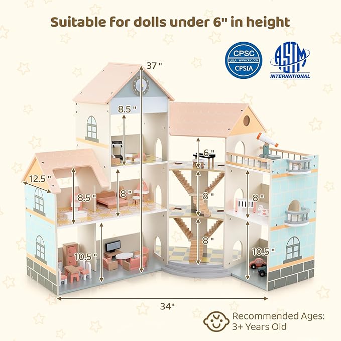 Costzon Wooden Dollhouse for Kids, DIY Pretend Dollhouse Playset w/ 41 Pieces of Furniture & Accessories, 7 Rooms, Balcony Patio & Garage, Corner 3-Story Luxury Doll House, Gift for Kids 3+ Years