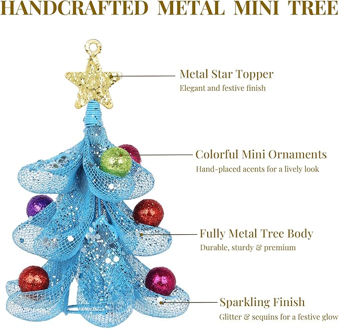 XMIAOX Mini Metal Christmas Tree, 5.9" Handcrafted Wire Mesh Tree Tabletop Hanging Ornament with Star Tree Topper & Colorful Glitter Balls, Sparkling Holiday Decoration for Desk, Shelf & Home Décor