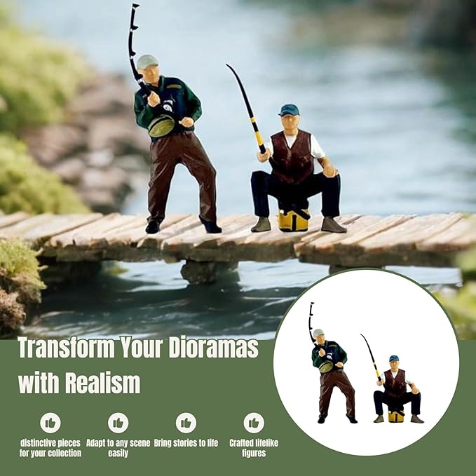 2X 1/64 Scale Male Angler Figures, Fisherman Figures, Artwork Crafts Scene Mini Resin Ornaments Collectible Decor People Models for Miniature Scenes