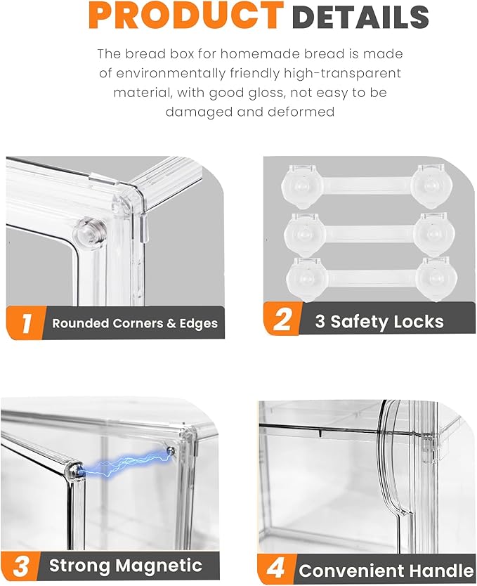 Bread Box,Large Bread Boxs for Kitchen Countertop - 4 Layers Adjustable Bread Storage Container,Clear Boxes for Kitchen Counter, Breads Box Airtight,Bread Holder,Perfect for Bagel Muffins（transparent）