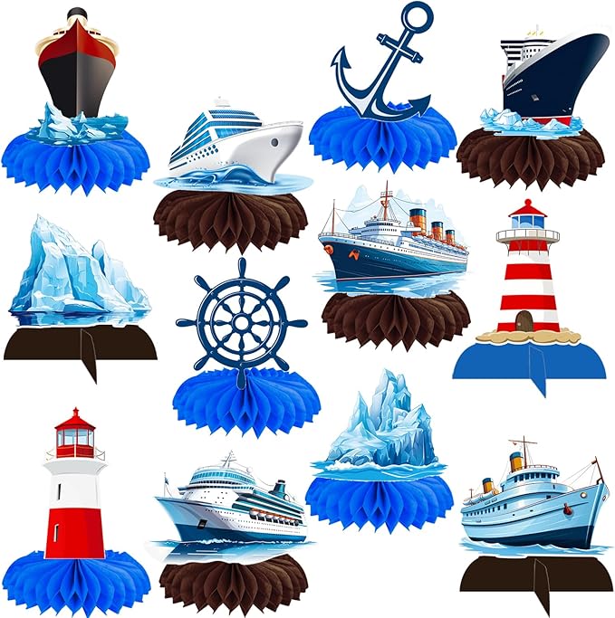 Nautical Ship Honeycomb Centerpieces 12Pcs Nautical Party Table Decorations Lighthouse Anchor Centerpieces Iceberg Sailor Birthday Party Decorations for Sailing Theme Party Supplies