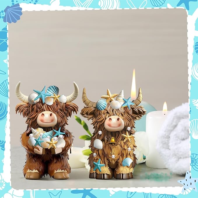 Burbell 2 Pcs Coastal Highland Cow Decor Summer Beach Ocean Themed Highland Cow Figurines Resin Starfish Seashellstatue Calf Lovers Gifts for Home Garden Kitchen Office Tiered Tray Table Decor