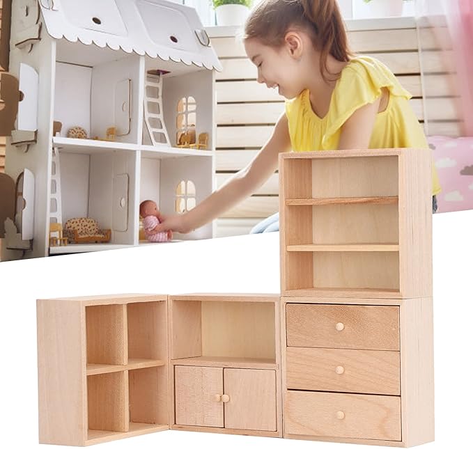 4 Pcs 1/12 Doll House Cabinet Set Simple Design Practical Lifelike Miniature Wooden Dollhouse Furniture Cabinet