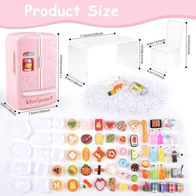 95 Pcs Dollhouse Refrigerator Mini Fridge Table Dining Car Toy with Food Set Kitchen Furniture Miniatures Party Fruits Juice Milk Desserts for Children Drink Cake Pretend Play Game Fake Ice Cubes