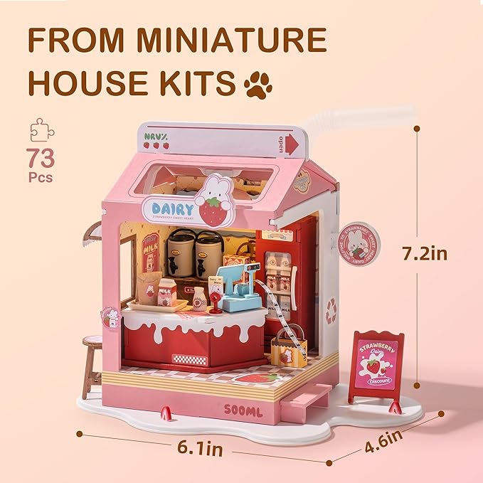 DIY Mini House Building Miniature Kit Milkbox, Miniverse Lifestyle Bookshelf Decoration, Cute Craft Kits for Women or Girls 14+, Kawaii Gifts Hobbies for Crafters (Strawberry Milkbox)