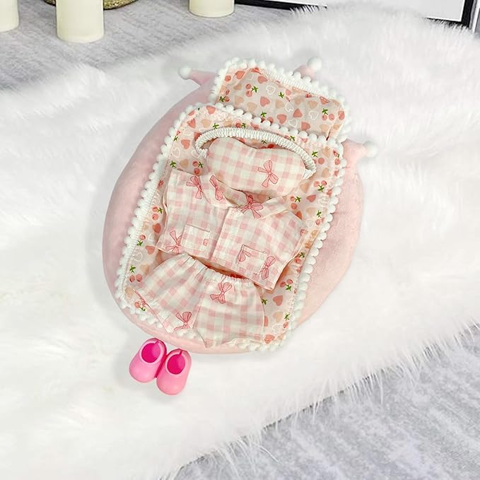 Girl's Doll Bedding & Pajama Set, 7-Piece Plush Doll Bed with Cherry Print Comforter Pillow and Bow Pajamas with Eye Mask Accessories for 17cm Dolls