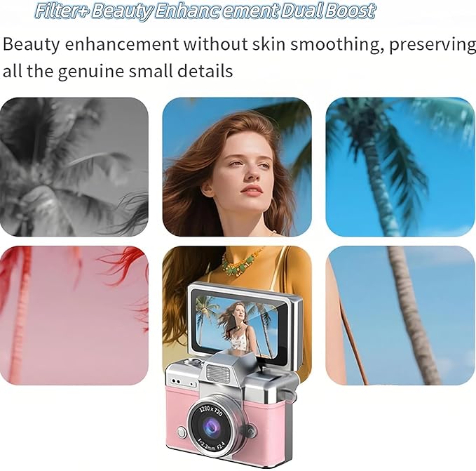 Thumb-Sized Flip Screen Mini Camera, Mini Keychain Digital Camera, Flip Screen Mini Camera with Built-in Flash & Flip Display, 64GB Memory, Portable Keychain Camera for Travel & Daily Use (1, Pink)