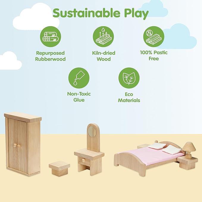 PlanToys® Classic Dollhouse Bedroom Furniture Set | Eco-Friendly Wooden Dollhouse Accessories for Kids | Includes Bed, Closet, Vanity, Chairs & Lamp | Pretend Play Montessori Toy
