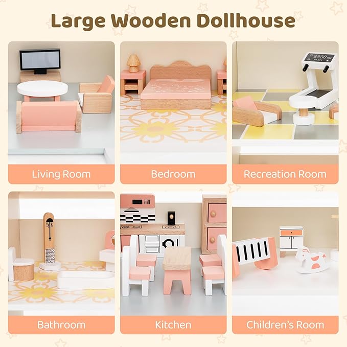 Costzon Wooden Dollhouse for Kids, DIY Pretend Dollhouse Playset w/ 41 Pieces of Furniture & Accessories, 7 Rooms, Balcony Patio & Garage, Corner 3-Story Luxury Doll House, Gift for Kids 3+ Years