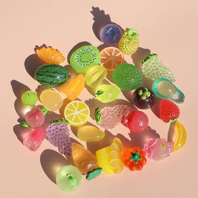 30PCS Mini Artificial Fruits Luminous Decor Resin Glow in The Dark Tiny Figures Small Banana Lemon Strawberries Grapes for Party Table Garden Figurines