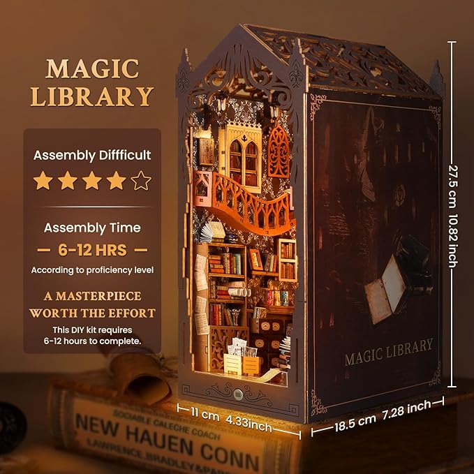 Book Nook Kit, DIY Dollhouse Booknook, Miniature House Kit for Adults and Teens, Library Tiny okshelf Decor, 3D Wooden Puzzle Bookends with Sensor Led Light, Gifts for Family, Friends