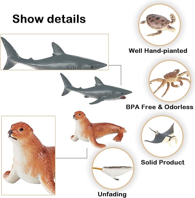 EOIVSH 24PCS Mini Ocean Animal Figurines - Realistic Sea Creatures Toy Figures with Sharks, Whales & Walrus - Under The Sea Life Figure for Party Decoration, Easter Egg Filler & School Project