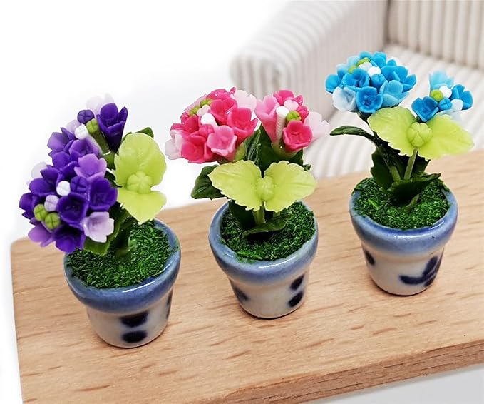 WitnyStore Tiny 1½" High 3 Pieces Set Purple Pink Blue Hydrangea Hand Made Artificial Flowers Realistic Colorful Miniature Modelling Clay Flower Pots Variety of House Plant Species Home Decoration