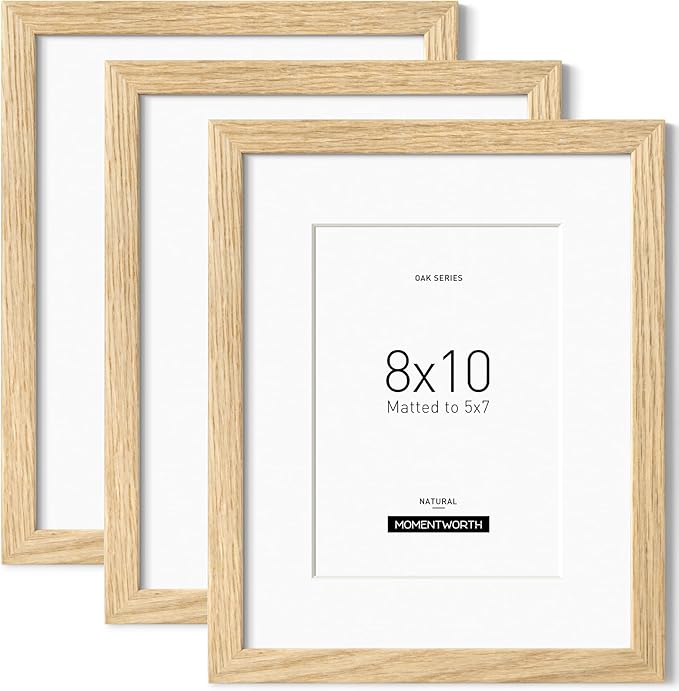 Momentworth 8x10 Picture Frame with Mat for 5x7 set of 3, Solid Oak Wood 8x10 Frame with Tempered Glass for Wall Mount(3 Pack,Oak)