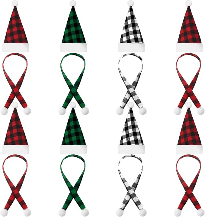 Geyoga 16 Pcs Mini Knit Doll Hat Valentines Day Small Santa Hat for Craft Winter Mini Snowman Hats and Scarf Tree Ornaments Snow Stripe Heart Wine Bottle DIY Decor Gifts