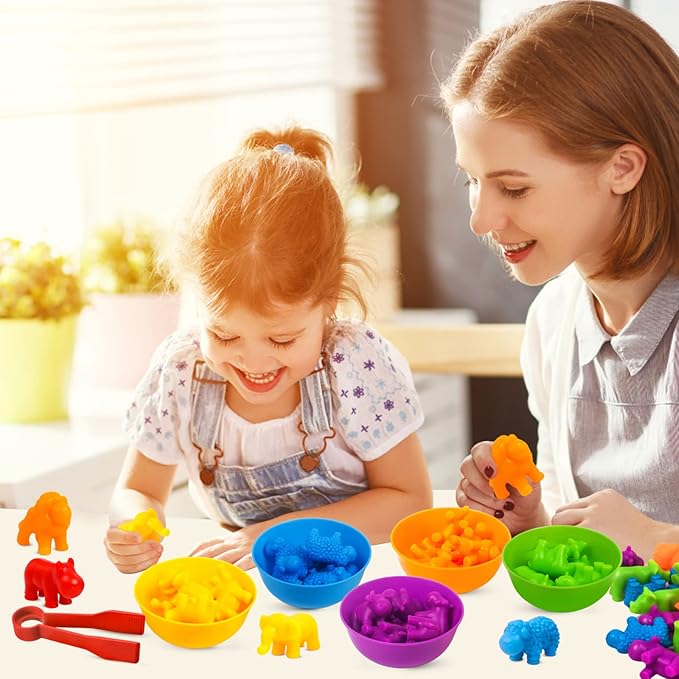 Counting Toys Matching Game for Kids with Sorting Bowls Preschool Learning Educational Activities Toys Color Classification and Sensory Game Set Toddler Fine Motor Toys for 3 4 5 Years Old-Animals