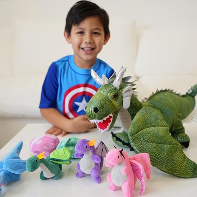 7Pcs Giant Green Dragon Plush Toy Set, 21.7" Big Mother Dragon Stuffed Animal with 4 Babies & 2 Eggs, Stuffed Dinosaurs for Kids Boys Girls, Cute Soft Plushies Gift for Birthday Christmas