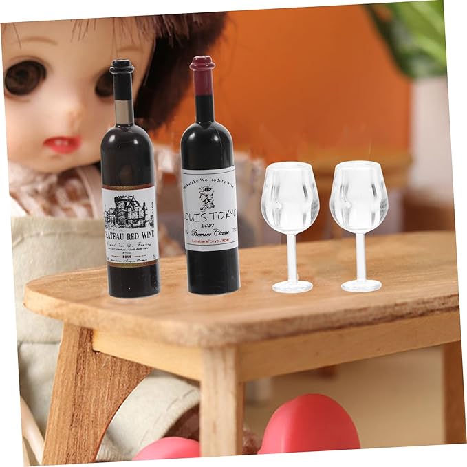 ORFOFE Scale Miniature Wine Bottle with Goblets Doll House Accessories Realistic Mini Decor for Creative Play and Photography Props