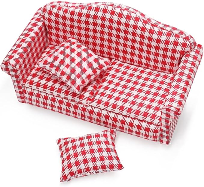 Odoria Dollhouse Couch Loveseat Miniature - 1/12 Scale Upholstered Sofa for Rustic Country Living Room - Mini Settee Chaise Lounge Wood Furniture Plaid Red