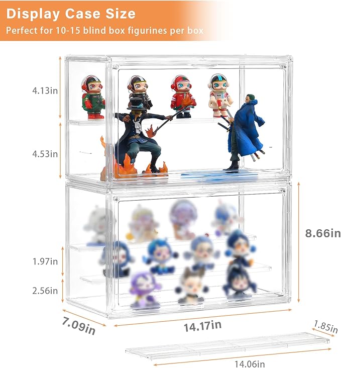Clear Acrylic Display Case for Collectibles - 3-Tier Adjustable Figure Display with Magnetic Door & Removable Shelves,Stackable Dispaly Box for Figures - 2 Pack