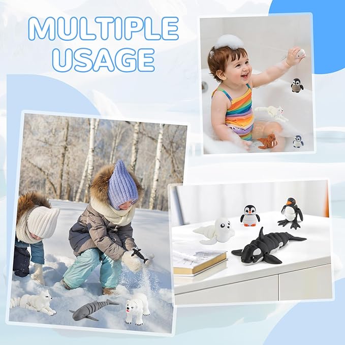 14PCS 3D Printed Arctic Animals Figurines Toys, Realistic Polar Animal Articulated Bath Toys with Polar Bear Fox Penguin Orca Cake Toppers Christmas Birthday Toy Gift for Toddlers Kids