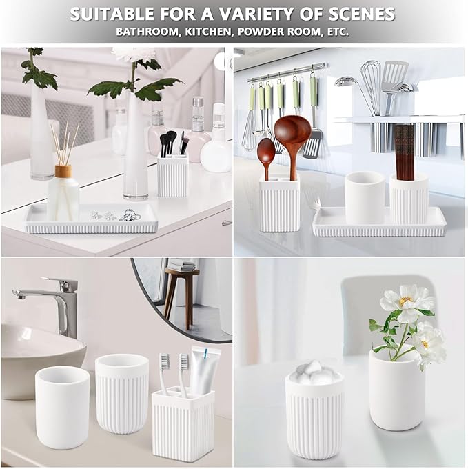 XLHOMO Resin Bathroom Toothbrush Holder Set, Matte White Bathroom Accessories Set 4 Pcs, Bathroom Tumbler Cup Tooth Brushing Cup Set with Tray, for Sink Countertop Modern Home Decor