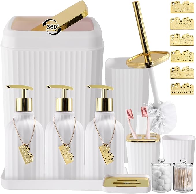 WSBArt 17PCS Bathroom Accessory Set Bathroom Set Gold Bathroom Accessories,Toilet Brush, Trash Can, Qtip Holder Dispenser& 3PCS Soap Dispenser