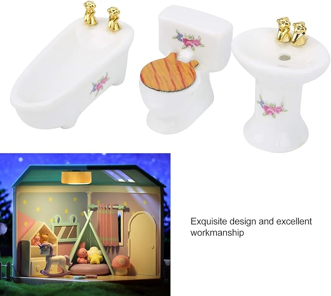 Aqur2020 1:24 Dollhouse Bathroom Set, Simulation Ceramic Bathtub Toilet Sink Kit with Metal Chain and Wood Lid for Miniature Dollhouse Bathroom Scene Decor (Rose)