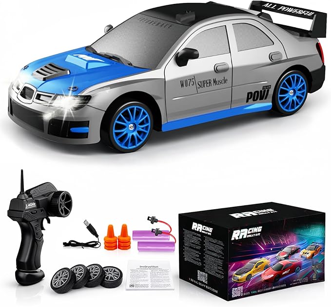 Remote Control Car RC Drift Car 2.4GHz 1:24 Scale 4WD 15KM/H High Speed Model Vehicle with LED Lights Drifting Tire Racing Sport Toy Car for Adults Boys Girls Kids Gift 2Pcs Rechargeable Batteries