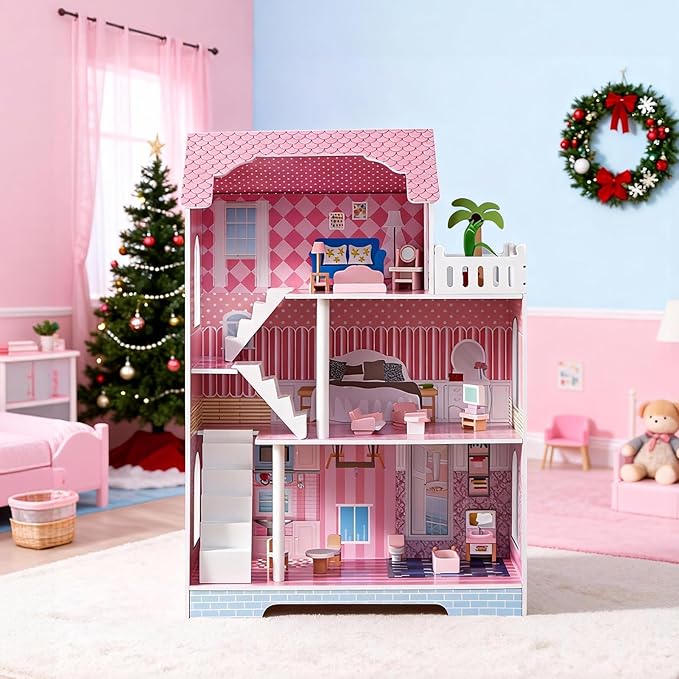 3-Tier Large Wooden Dollhouse with Furniture Set, Modern Kids Playhouse with Roof Window for 5-Inch Dolls, Creative Educational Toy for Girls Boys Ages 3 4 5+ for Imagination & Role-Play Games