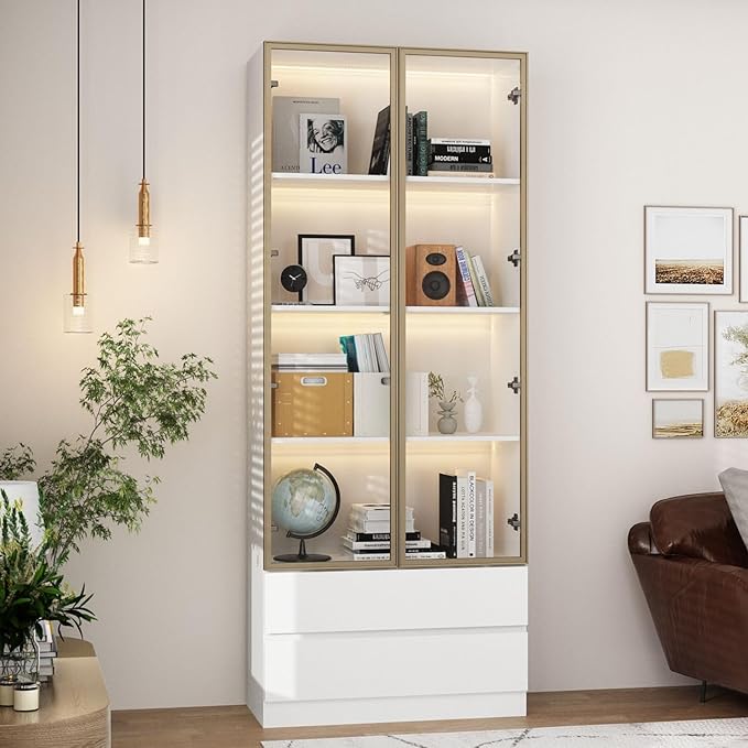 FAMAPY Display Cabinet with 2 Glass Doors and Lights, Display Case Cabinet with 4-Tier Storage Shelves and 2 Drawers, Pop-up Design, White and Champagne Gold (31.5”W x 14.2”D x 78.7”H)