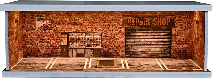 1/43 Diorama Display Case with Tri-Colour Dimmable Lighting, Fits for Hot Wheel Matchbox Mini GT Diecast Cars Model,1:43 Car Garage Parking Lot Scene Display Storage (Red Brick)