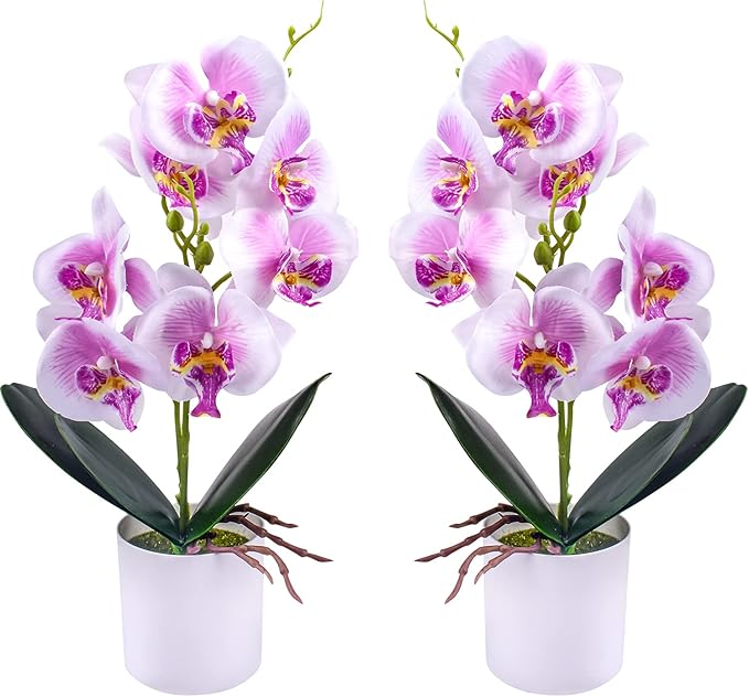 XONOR Artificial Orchid Flowers, 2 Pieces Potted Fake Orchids with Plastic Vase for Table Centerpiece Home Decor Office Wedding Party Decoration