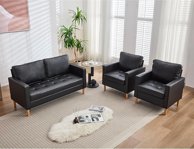 TYBOATLE 57" Faux Leather Loveseat for Living Room, Comfy Mid-Century Modern Tufted Loveseat, 2 Seater Office Small Couch for Small Space Bedroom, Black