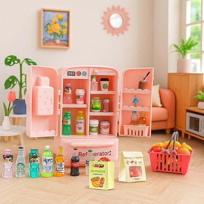 180 Pcs Dollhouse Furniture Miniature Kitchen Accessories Mini Shopping Cart Metal Trolley Basket Food Drink Toy Supermarket Store Grocery Shelves Cash Register Fridge Scale Pretend Play Game Party