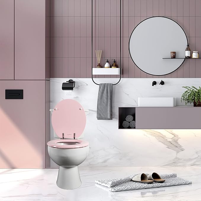 Pink Round Toilet Seat Natural Wood Toilet Seat with Zinc Alloy Hinges, Easy to Install also Easy to Clean, Scratch Resistant Toilet Seat by Angol Shiold (Round, Pink)