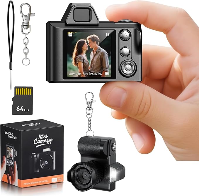 Mini Keychain Digital Camera, Portable Tiny Camera, Video Tiny Retro Digital Camera, with 60MP Camera, 1.3" Screen, 64GB SD Card & Lanyard for Travel, Students, and Daily Snapshots