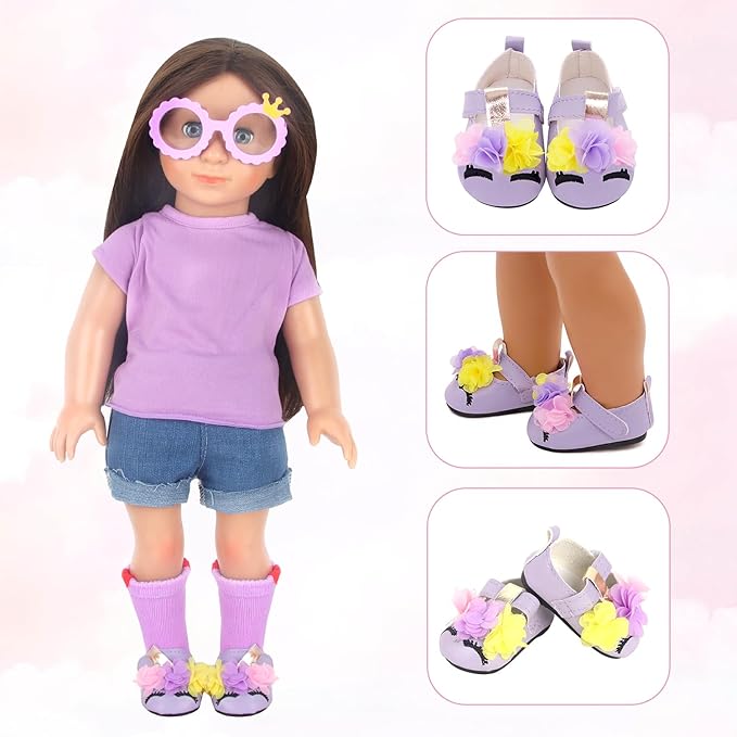 MSYO 18 Inch Doll Shoes & Accessories Set (8-Piece Bundle)-3 Pairs Shoes + 3 Socks + 2 Glasses,Dress-Up Kit for 18 Inch Dolls,Girls Birthday Gift,Bulk Crafts & Playtime Accessories