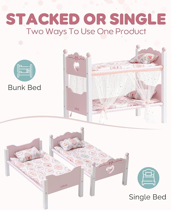 ROBUD Baby Doll Crib, Wooden Baby Doll Beds for 20 Inch Dolls, Baby Doll Bunk Beds with Gauze Curtain, American Girl Doll Bed for Gifts, WRP35