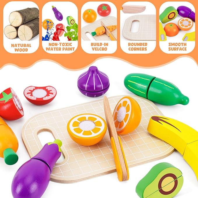Wooden Food for Play Kitchen - Cutting Fruits Toys for 1 2 3 Years Old Toddlers Kids, Vegetables Gift for Boys Girls Educational Toys