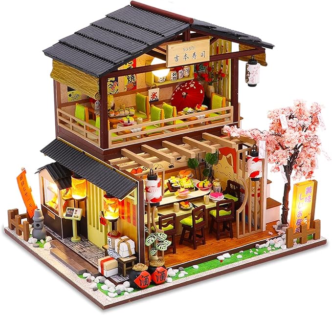 GuDoQi DIY Miniature Dollhouse Kit, Tiny House kit with Furniture, Miniature House Kit 1:24 Scale Japanese Style Shop, Great Handmade Crafts Gift for Birthday Christmas Day