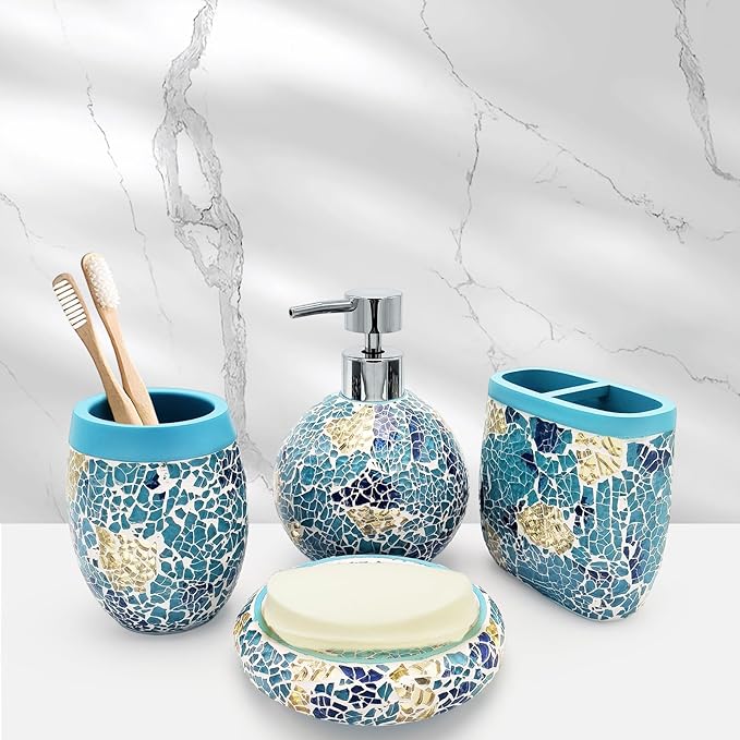 Handmade Blue Mosaic Glass Bathroom Accessory Sets 4PCS Bathroom Accessories Set Complete Includes Lotion Dispenser Toothbrush Holder Tumbler Cup & Soal Dish