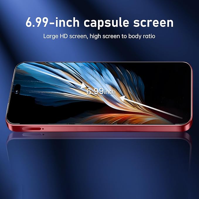 OEJBK 16PROMA X Smartphone New Upgrade 16GB+512GB/6.99" Display 68+108MP Zoom Camera,Tempered Glass Finish, 7000mAh Android 14 Smartphone (Wine Red)